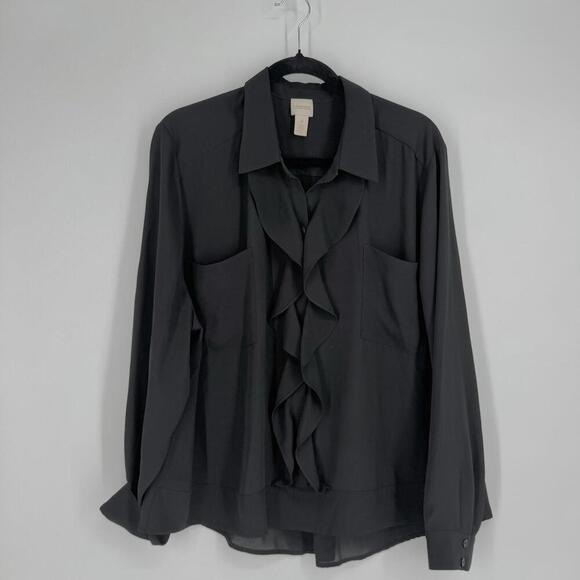 Chicos top 2x black ruffle front long sleeve minimalist office work plus career - Picture 1 of 6